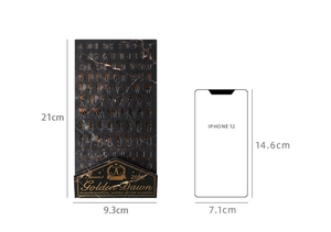 Detailed size comparison of PET gold alphabet stickers next to an iPhone for scale