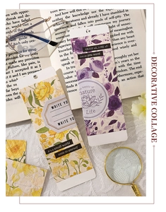 Dettaglio di strisce di carta scrapbooking vintage con rose viola e fiori gialli