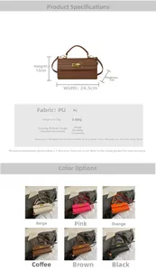 Detail view of woven texture small square bag with metal lock and size specifications