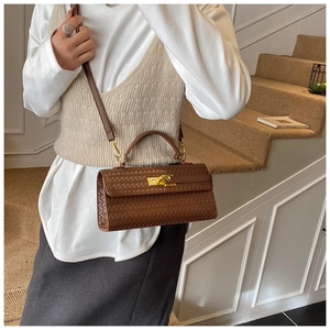 Close-up of brown woven texture handbag with golden twist lock on a beige outfit