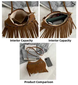 Sac bandoulière à franges marron montrant la capacité interne et taille du téléphone