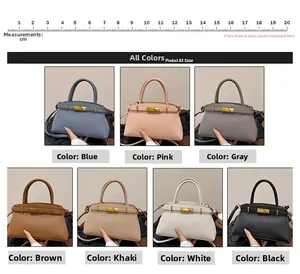 Detailansicht der Lederhandtaschen in sieben Farben mit Skala für die Größenreferenz