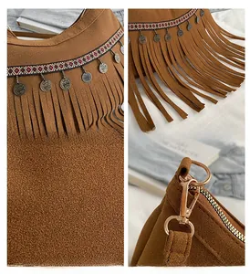 Vues détaillées du sac à franges vintage, incluant sangles ethniques et pièces en métal