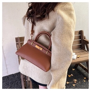 Detail einer braunen Ledertasche mit Litschi-Muster und goldenem Metallschloss
