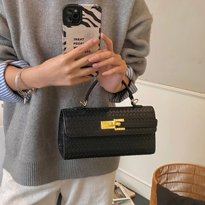 Elegant black woven mini top handle bag with gold turn-lock buckle for women