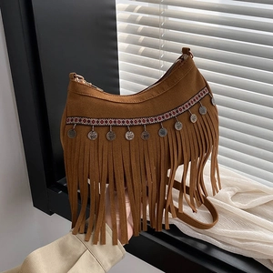 Sac Bandoulière Bohème en Suédine pour Femmes avec Franges Sac Hobo Vintage avec Charmes de Pièces en Métal