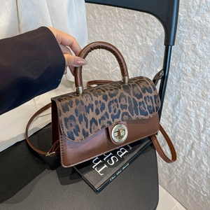Vintage Leopard Print Patchwork Crossbody Bag PU Leather Handbag With Gold Metal Rotary Lock For Women Fashion Casual