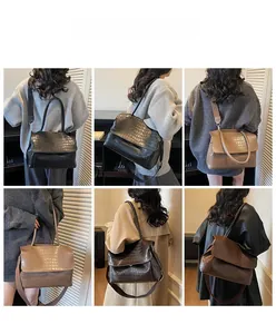 Detail shots of women's crocodile pattern tote bag showing versatile strap and handle options