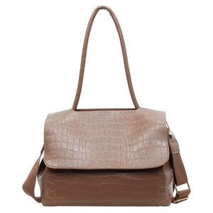 Brown crocodile pattern PU leather tote bag with dual straps on a clean white background