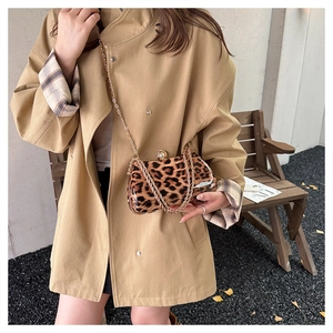 Detail of leopard print handbag with gold metal frame and pearl clasp on street background