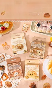Detailed view of artisan bakery themed stickers with cute bread characters and warm vibes