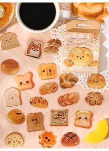 Detailed view of 40 cute bread themed stickers with cozy afternoon tea style background
