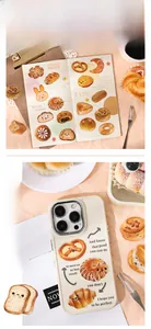 Detail showing bakery themed decorative stickers applied to a planner and a beige phone case