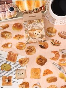 Detailed view of 40 pieces cute cartoon bread stickers in warm lifestyle setting