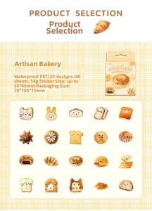 List of cute bakery themed PET stickers featuring 20 unique cat and rabbit bread designs