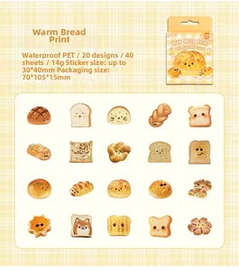 Detail view of 40 waterproof PET bread stickers showing cartoon patterns and sizes