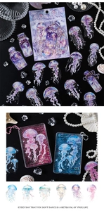 Détail des autocollants méduse avec paillettes et thème marin bleu et violet