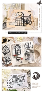 Λεπτομερές σχέδιο scrapbooking με ασπρόμαυρα vintage μοτίβα πεταλούδας και δαντέλας
