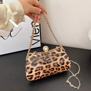 Women Leopard Print Crossbody Bag PU Leather Retro Box Handbag Gold Chain Strap Artificial Pearl Clasp Evening Party Fashion