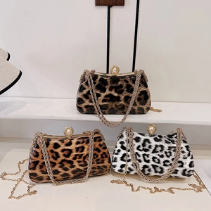 Fashionable leopard print box clutch set with pearl clasp and gold metal chain strap