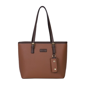 Brown faux leather tote bag with contrasting dark handles and a small hanging pouch