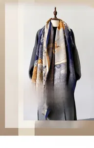 Detailed texture of jacquard thick winter shawl with oil painting style abstract patterns