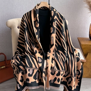 Winter Scarf Shawl Faux Cashmere Leopard Zebra Print Thick Warm Tassel Trim European Fashion Style For Women
