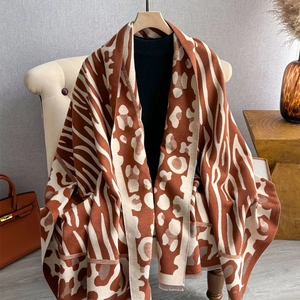 Thick leopard zebra print winter scarf in brown and cream cashmere-style fabric
