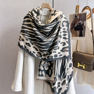 Thick leopard and zebra print shawl scarf made of warm cashmere-like fabric