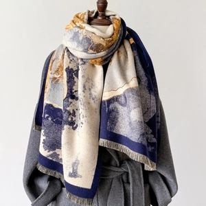Elegant jacquard thick winter shawl with abstract navy blue patterns and fringe edges