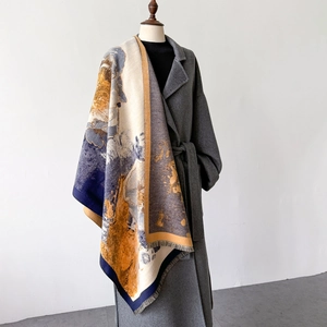 Elegant jacquard thick shawl with oil painting print and fine tassels for winter women