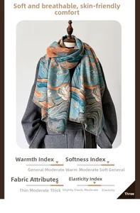 Detailed view of Dunhuang landscape pattern on thick cashmere-feel scarf with fringes