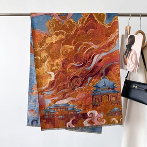 Detail of jacquard scarf showing traditional blue ancient architecture and fringe edges