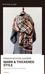 Macro view of thick leopard and zebra print faux cashmere scarf with soft tassel edges