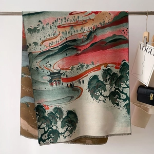 Detail of Chinese landscape print pashmina with intricate mountain patterns and fringe