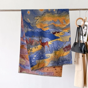 Écharpe tissée élégante avec motif étoiles et cerf style Van Gogh bleu et doré