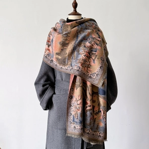 Écharpe Châle D'Hiver Imitation Cachemire Épais Chaud Dunhuang Peinture À L'Huile Rétro Art Oriental Jacquard Franges Pour Femmes