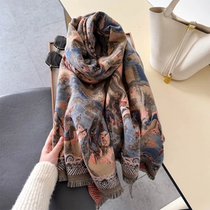 Écharpe épaisse en jacquard style peinture à l'huile artistique avec franges et motifs