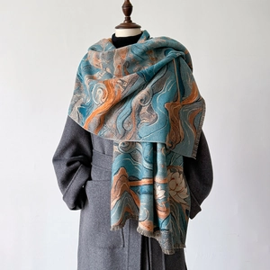 Women Classical Oriental Art Jacquard Scarf Thick Imitation Cashmere Shawl Vintage Dunhuang Style Warm Winter Neck Scarf