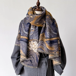 Thick Dunhuang style floral pashmina shawl with lotus pattern and tassels for winter