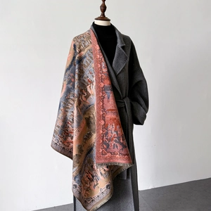 Écharpe épaisse jacquard style peinture à l'huile avec motifs vintage et franges