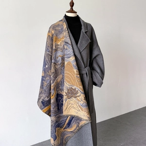 Dunhuang style jacquard cashmere-feel scarf shawl with mountain pattern and fringe edges