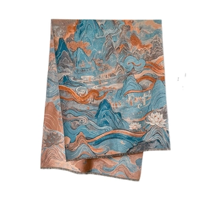 Dunhuang style jacquard shawl with traditional landscape painting and fine tassel edges