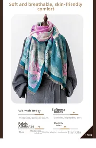 Close-up of pink and green floral print scarf with soft fringe and thick wool texture