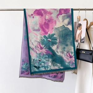 Artistic abstract floral scarf with purple and green patterns and delicate fringe trim