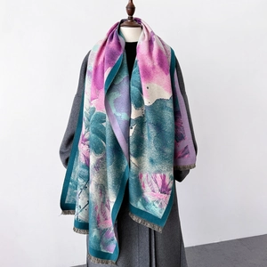 Artistic Floral Print Winter Scarf Long Thickened Warm Shawl Imitation Cashmere With Tassels Vintage Style For Women