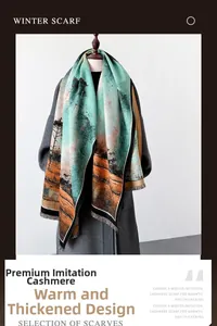 Detailed landscape print on soft imitation cashmere winter scarf with elegant fringe trim