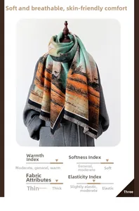Close-up of soft oil painting print shawl with fringe details and thick thermal texture