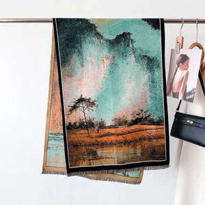 Luxurious double-sided knit shawl with impressionist landscape print and fine fringe details