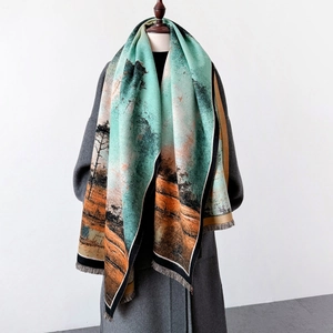 Landscape Oil Painting Print Imitation Cashmere Scarf Large Thick Warm Winter Shawl With Fringe For Women Elegant
